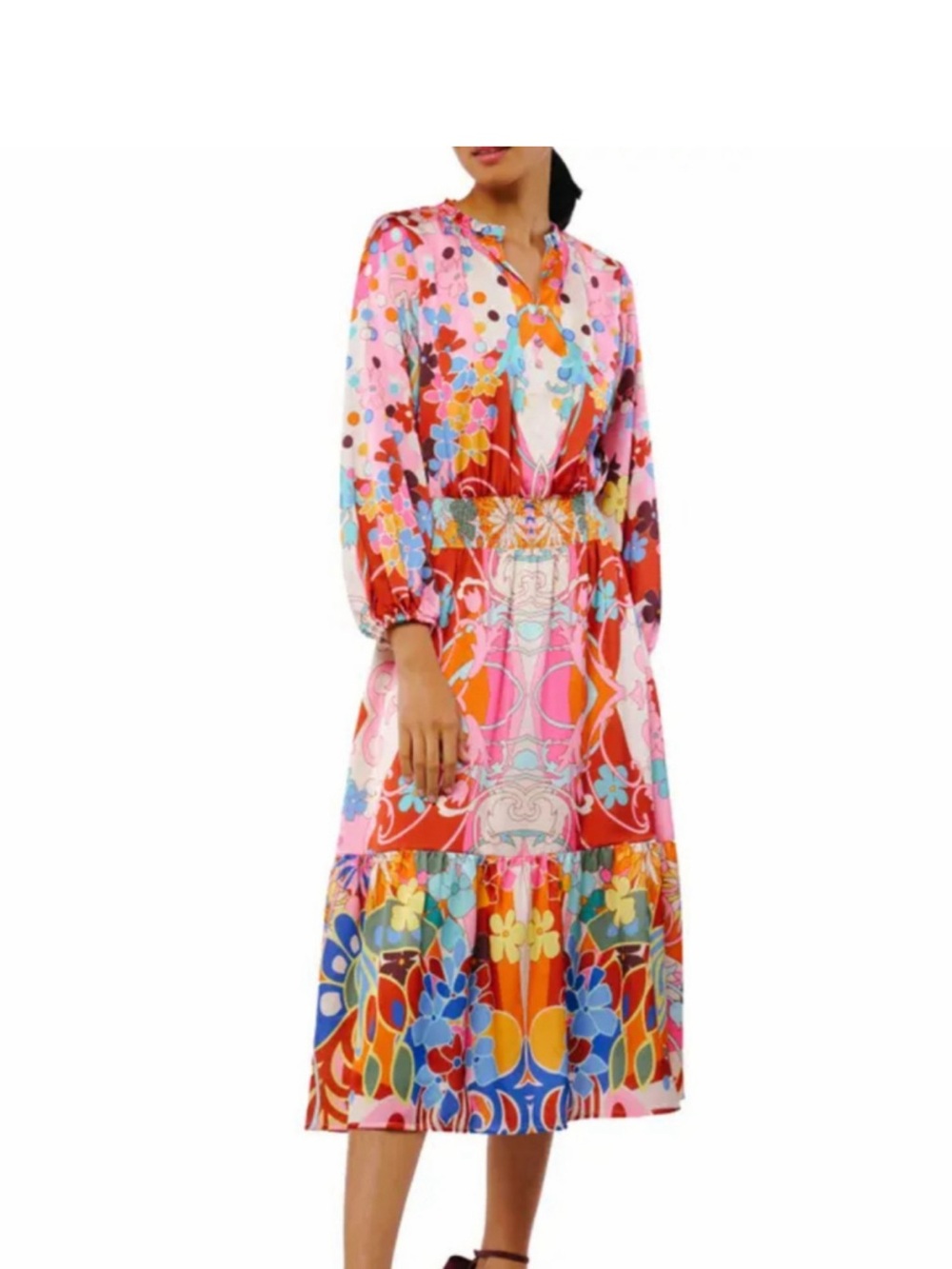 Pink Multi Floral Midi Dress with Button-Front Detail